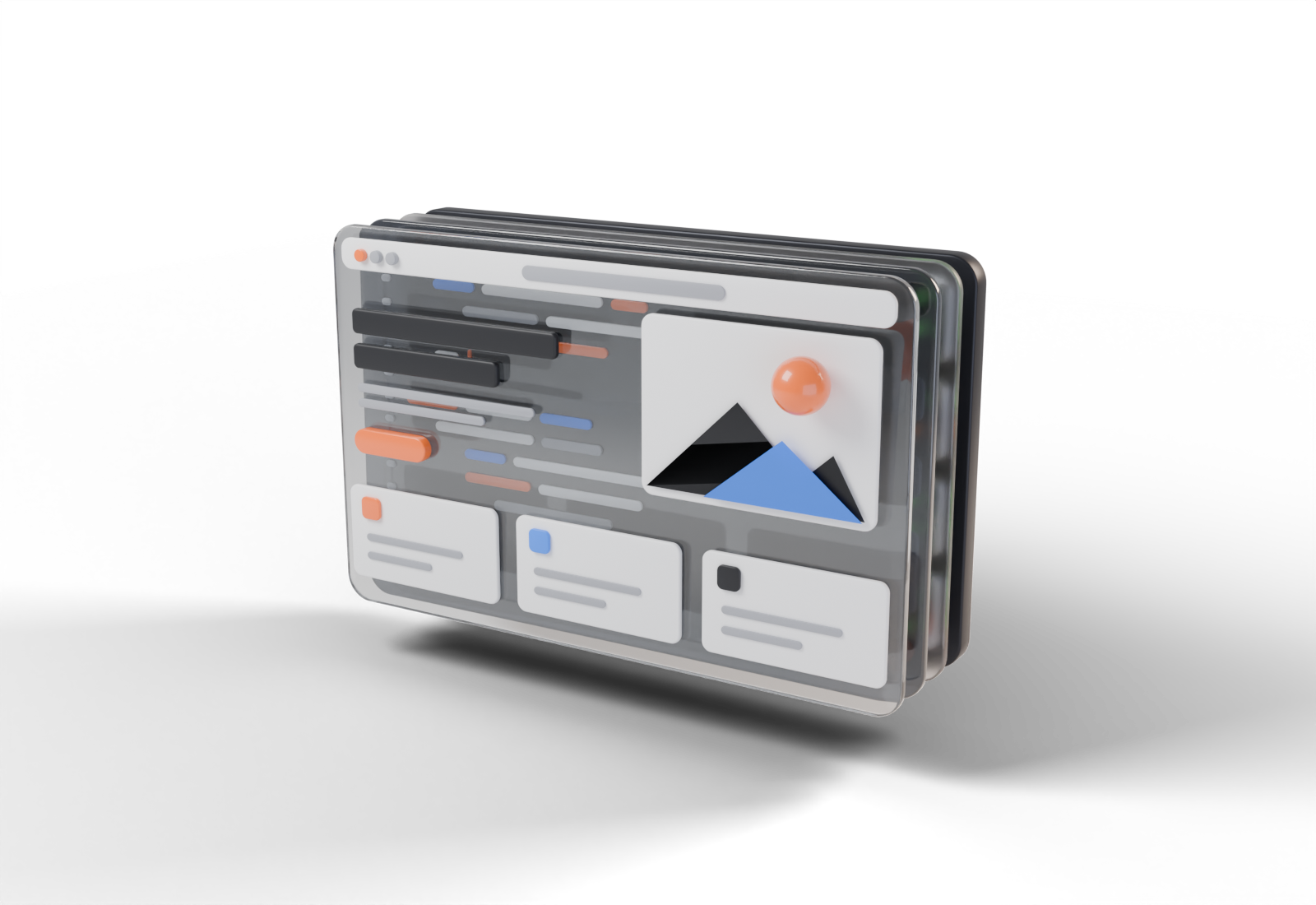 3D-Modell einer Website aus vier gestapelten Ebenen: Gestaltung, Code, Formular und Hosting